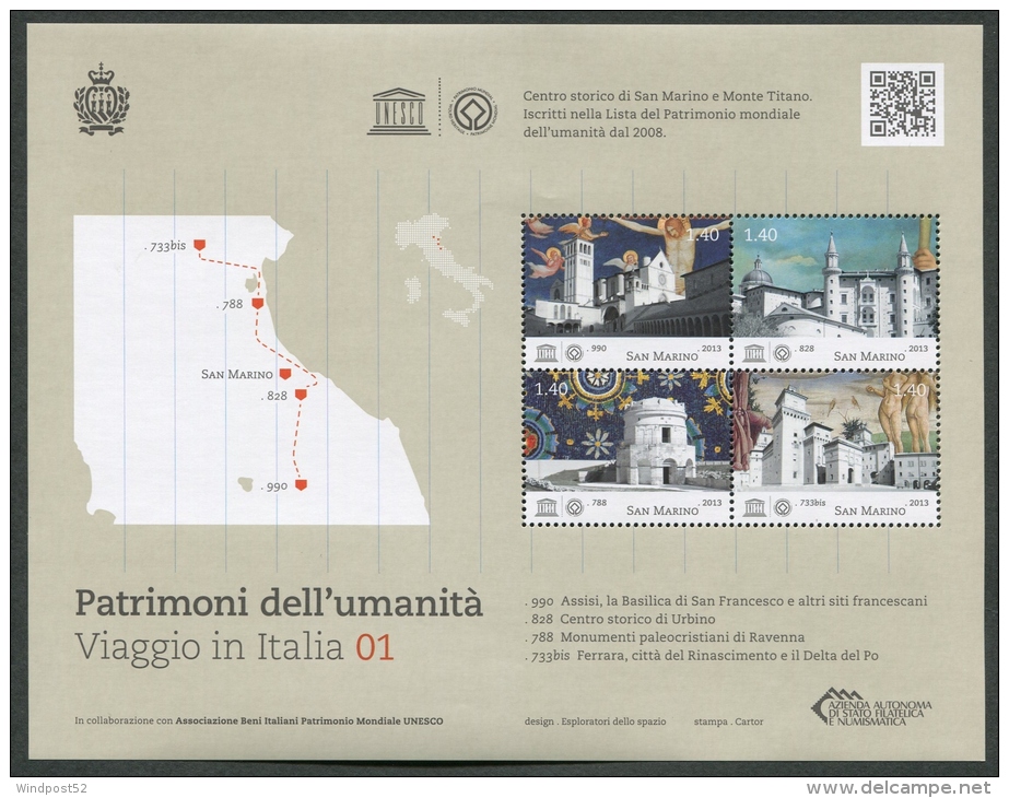 SAN MARINO 2013 - FOGLIETTO PATRIMONI DELL'UMANITA' VIAGGIO IN ITALIA - MNH** - 149 - Unused Stamps