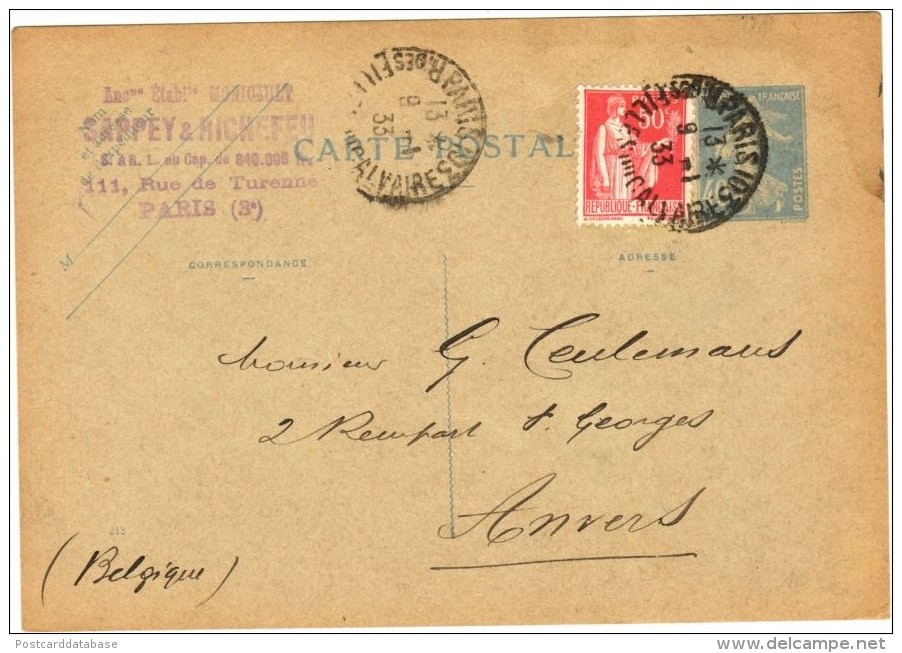 Express Card Sent From J. Sappey, Paris To Anvers 1933. Stamp Of Etablissements Moricault - Sappey & Richefeu - Covers & Documents