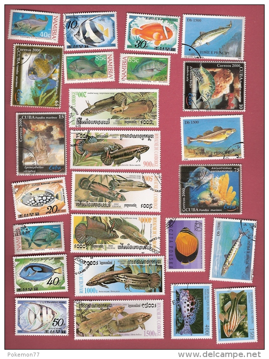 * Lot N° 10  De 25 Timbres Oblitérés  : Thème Sur Les Poissons - Alla Rinfusa (max 999 Francobolli)