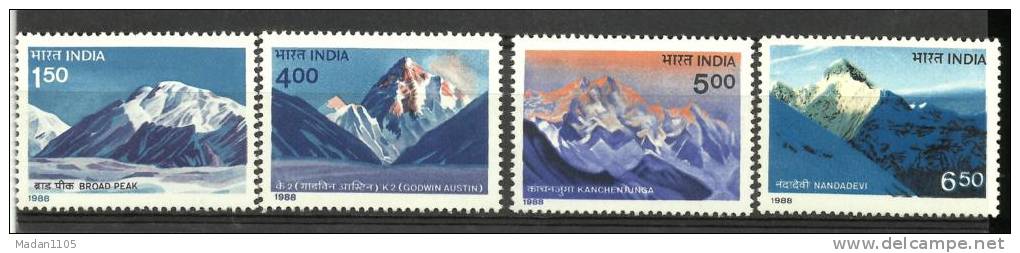 India, 1988,  Mountains, Himalayan Peaks, Set 4 V, Glaciers, Nature, MNH,  (**) - Geografia