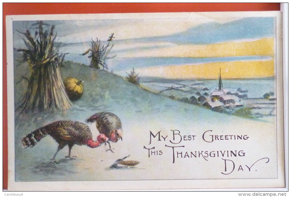 CPA Litho Chromo Illustrateur SERIE 186 Fete Thanksgiving Dinde DINDON Decor Village Epi Blé Et Mais Citrouille +- 1910 - Thanksgiving