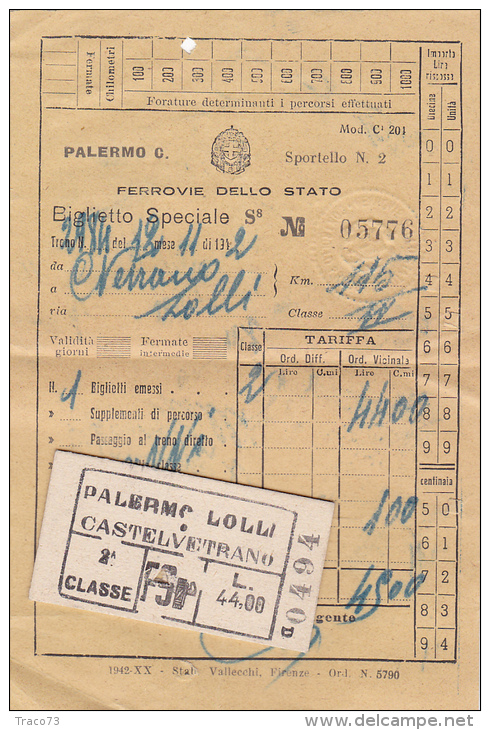 BIGLIETTO FERROVIARIO  12.11.1942  _  PALERMO LOLLI  /   CASTELVETRANO -  2^ Classe _ Lire 44.00 - Europa