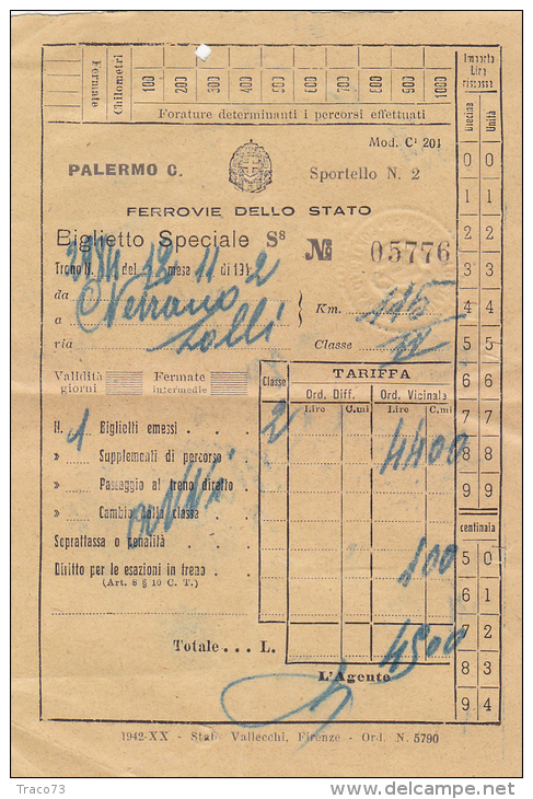 BIGLIETTO FERROVIARIO  12.11.1942  _  PALERMO LOLLI  /   CASTELVETRANO -  2^ Classe _ Lire 44.00 - Europe