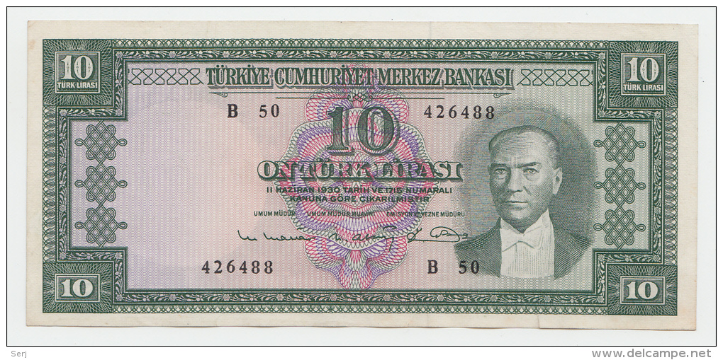 Turkey 10 Lirasi 1930 (1960) VF++ Banknote (small Border Split) P 161 - Turquie