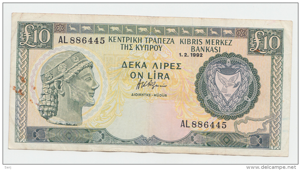 Cyprus 10 Pounds 1992 VF Crisp Banknote P 55b  55 B - Cyprus