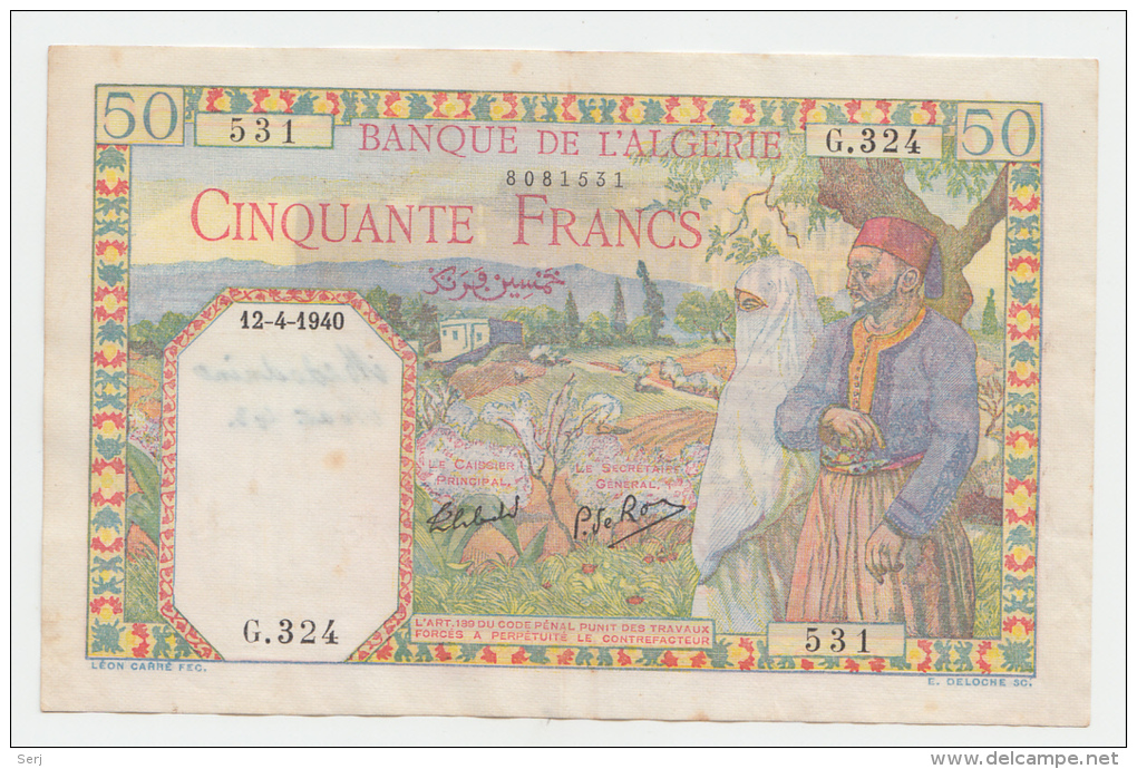 Algeria 50 Francs 1940 VF++ Crispy Banknote P 84 - Algerien