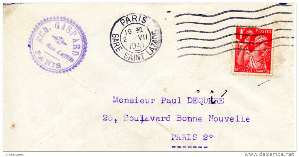 TYPE IRIS N°433  CACHET PARIS  GARE SAINT LAZARE - 1939-44 Iris