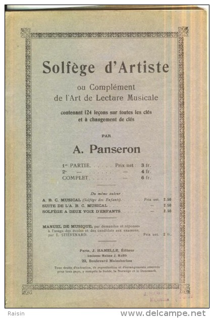 Solfège D'Artiste Ou Complément De L'Art De Lecture Musicale  A. PANSERON  Editeur J.HAMELLE  BE - Aprendizaje