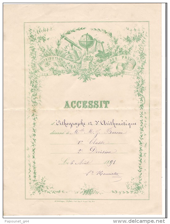 Diplôme : Distribution Des Prix  Accessit D'Orthographe Et D'Arithmétrique 1891 - Diplomi E Pagelle