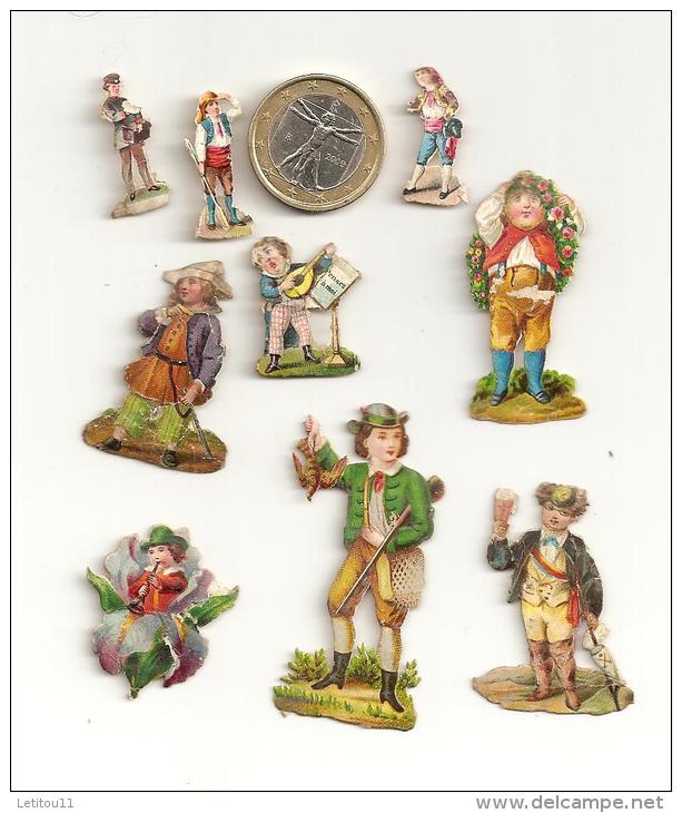 Lot De 9 Découpis  Enfants Miniature Garçons Costume Folklore Musiciens Facteur Chasseur - Enfants