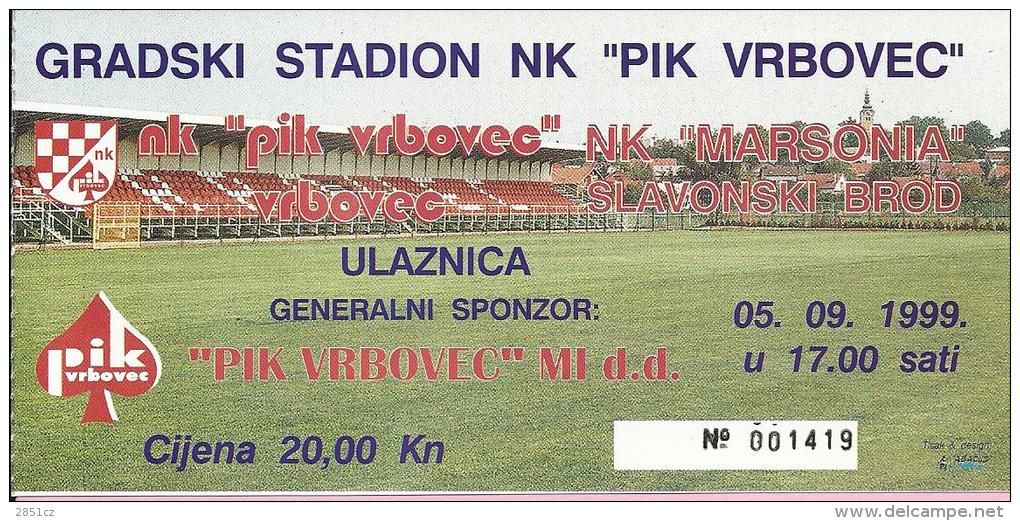 Match Ticket - Soccer - NK PIK Vrbovec Vs NK Marsonia, 5.9.1999., Croatia - Biglietti D'ingresso