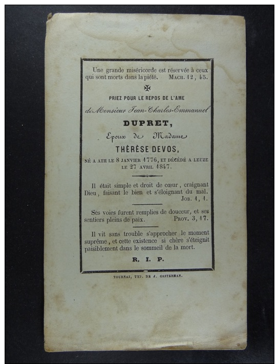 Jean Dupret épx Thérèse Devos Ath 1776 Leuze 1847 - Devotion Images