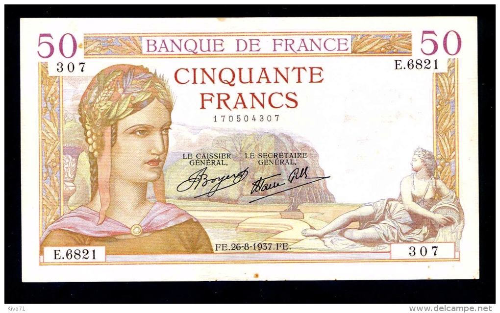 **Date, Signatures** 50 Francs  "CERES"    26   8    1937  SUP Fay.18.02 - 50 F 1934-1940 ''Cérès''