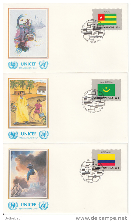 United Nation New York Set Of 16 Unaddressed FDCs 1986 Flag Series Scott #477-#492 - Enveloppes