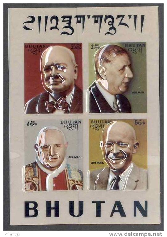 BHUTAN PERSONALITIES SET + SHEETLET 3 D STAMPS! - Mahatma Gandhi