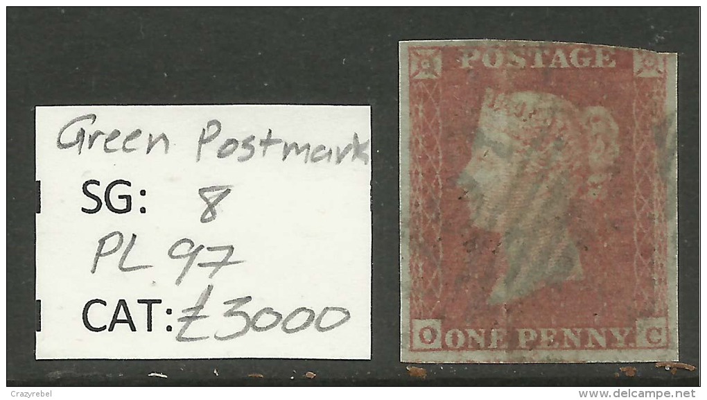 GB 1841 QV 1d Penny Red Imperf ( O & C )CV £3.000 GREEN PMK SG 8. Pl 97( R371 ) - Used Stamps