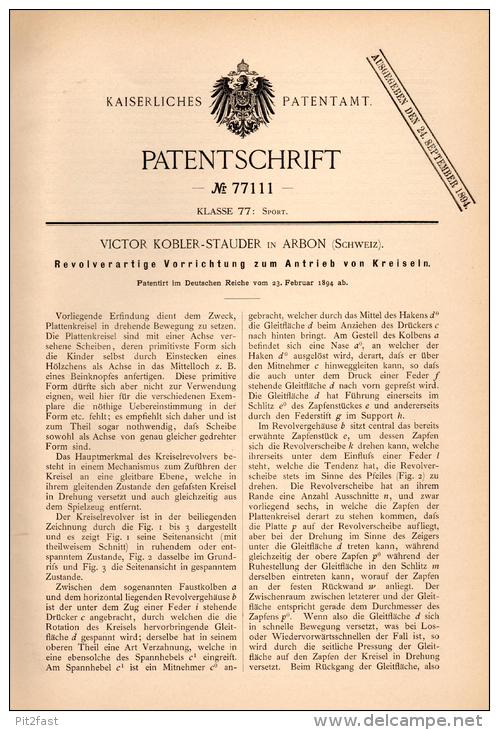 Original Patentschrift - V. Kobler - Stauder In Arbon , 1894 , Revolverantrieb Für Kreisel !!! - Arbon