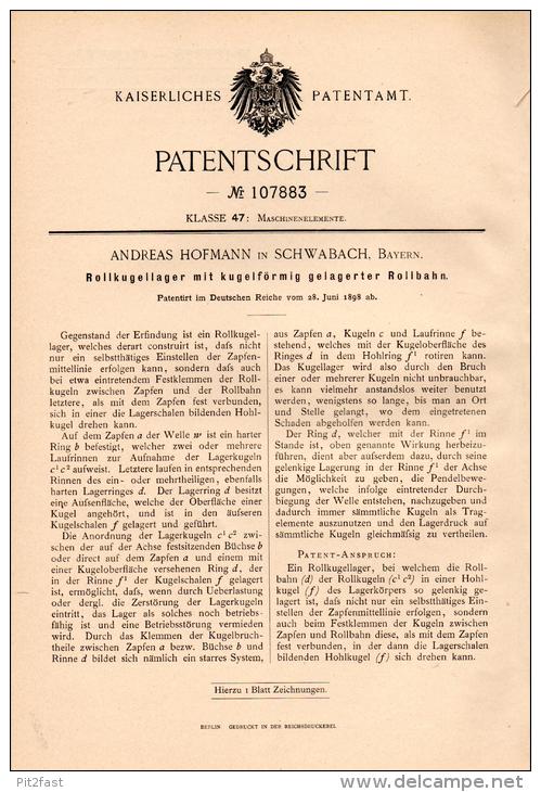 Original Patentschrift - A. Hofmann In Schwabach , 1898 , Roll - Kugellager , Maschinenbau !!! - Schwabach