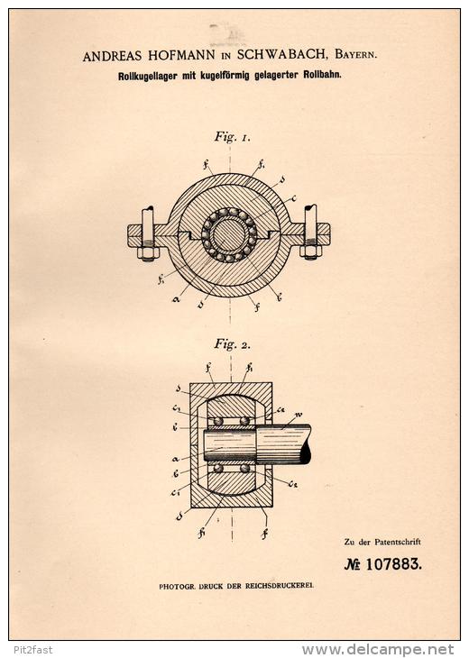 Original Patentschrift - A. Hofmann In Schwabach , 1898 , Roll - Kugellager , Maschinenbau !!! - Schwabach