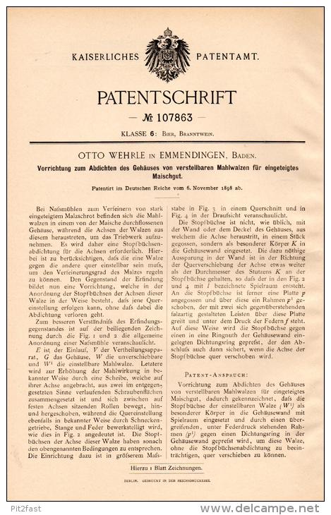 Original Patentschrift - Otto Wehrle In Emmendingen , 1898 , Apparat Für Mahlwalzen , Maische , Brauerei , Bier !!! - Emmendingen