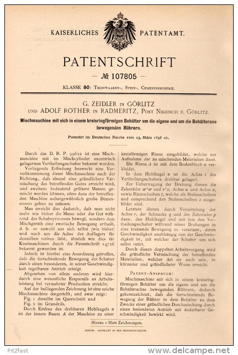 Original Patentschrift - G. Zeidler Und A. Rother In Görlitz Und Radmeritz , 1898 , Mischer , Radomierzyce , Nikrisch - Maschinen