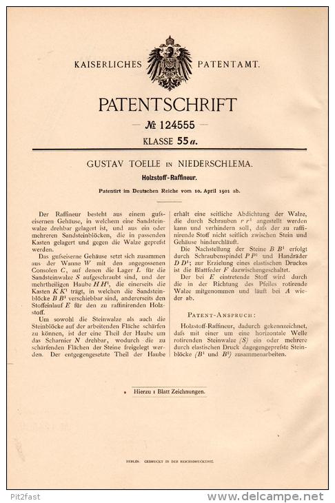 Original Patentschrift - G. Toelle In Niederschlema / Schlema , 1901 , Holzstoff - Raffineur , Holz !!! - Schlema