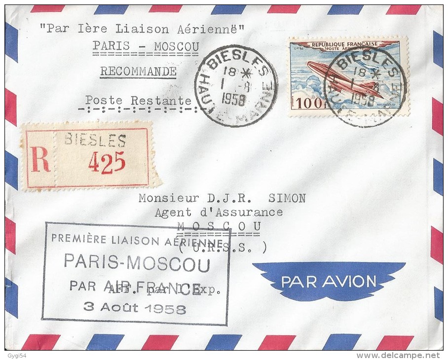 Par 1 ère Liaison Aérienne  Paris - Moscou En R  Départ Biesles Haute Marne Vers Moscou - First Flight Covers