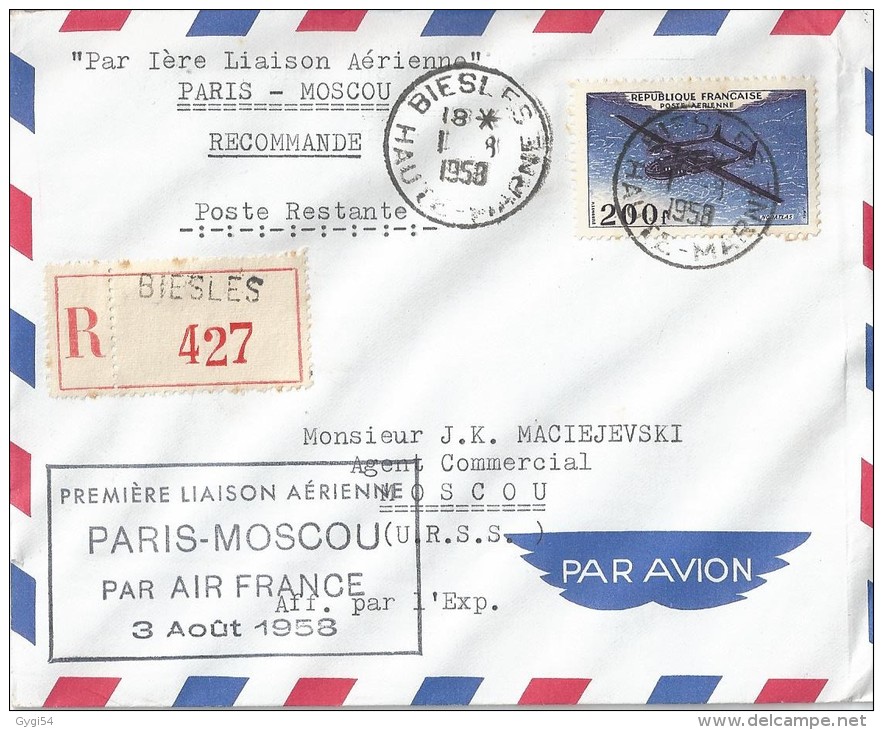 Par 1 ère Liaison Aérienne  Paris - Moscou En R  Départ Biesles Haute Marne Vers Moscou 03 Aout 1958 - First Flight Covers