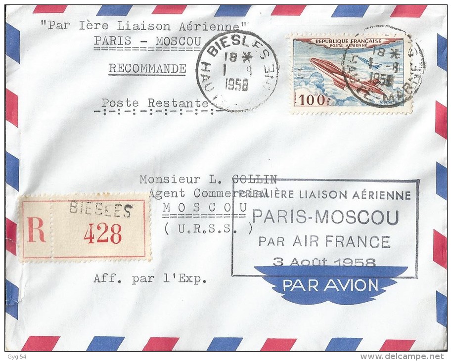 Par 1 ère Liaison Aérienne  Paris - Moscou En R  Départ Biesles Haute Marne Vers Moscou - First Flight Covers