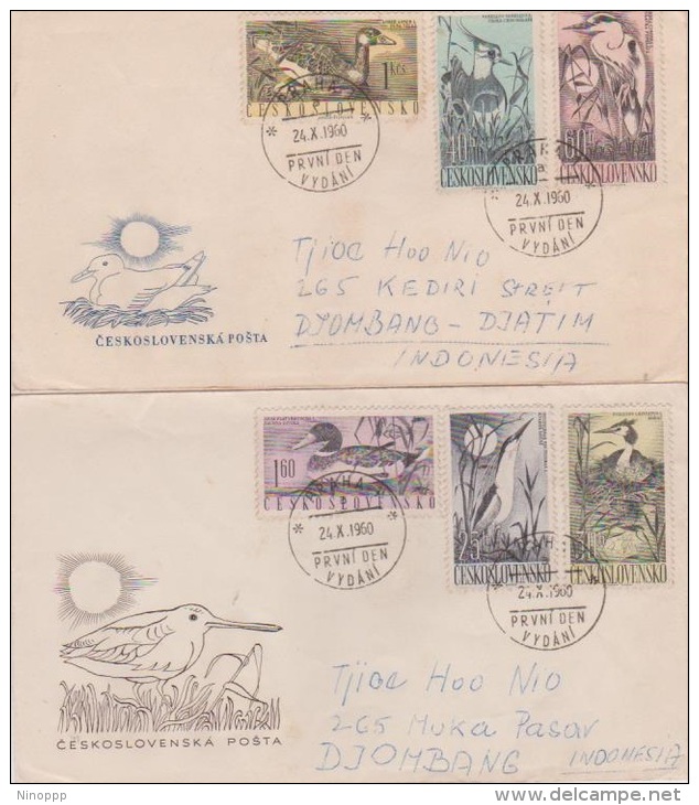 Czechoslovakia 1960 Waterbirds Set 2 FDCs Addressed Sent To Indonesia - FDC