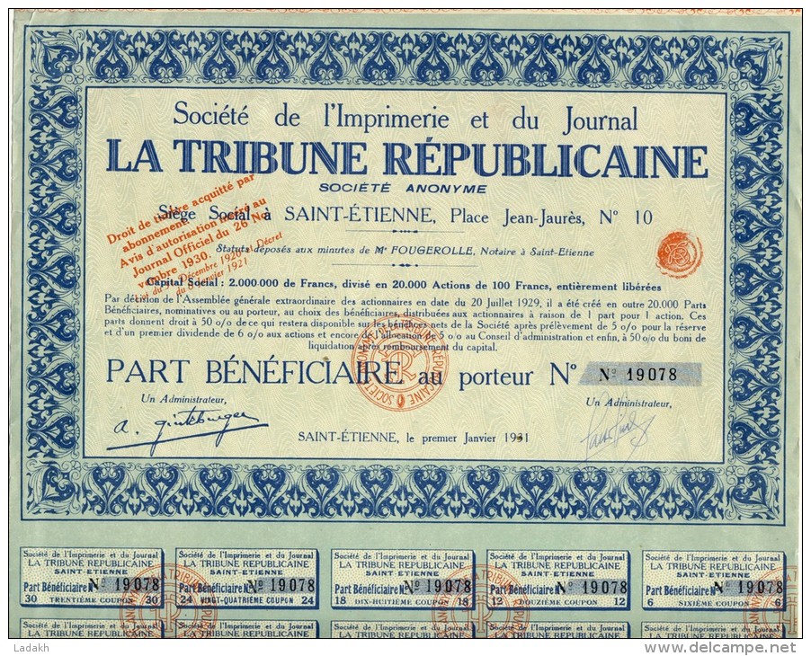 ACTION PART BENEFICIAIRE AU PORTEUR # LA TRIBUNE REPUBLICAINE # SOCIETE IMPRIMERIE ET JOURNAL # SAINT ETIENNE # 1931 - S - V