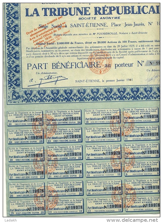 ACTION PART BENEFICIAIRE AU PORTEUR # LA TRIBUNE REPUBLICAINE # SOCIETE IMPRIMERIE ET JOURNAL # SAINT ETIENNE # 1931 - S - V