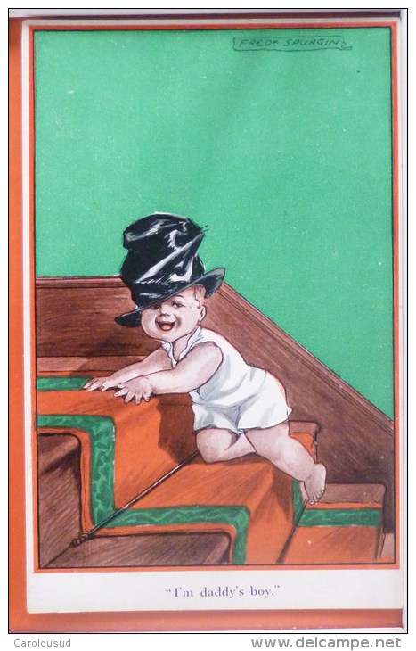 Cpa LITHO Illustrateur SPURGIN Enfant Bébé Dans Escalier Chapeau Haut De Forme Daddy Boy Series KIDDOO N° 382 LONDON - Spurgin, Fred