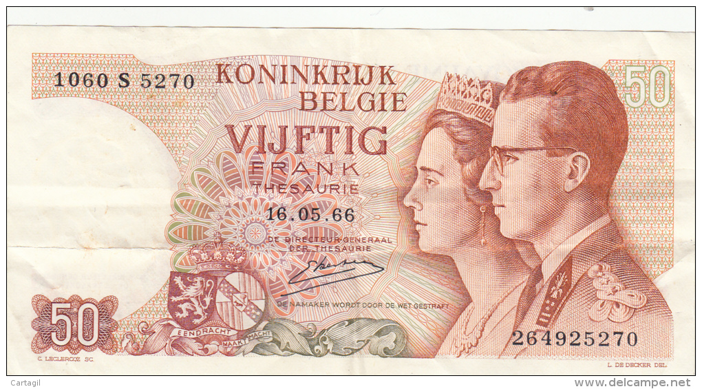 Billet  - B1015 -  Belgique -  Vijfik  Frank 1966 ( 2 Scans) - Sonstige & Ohne Zuordnung