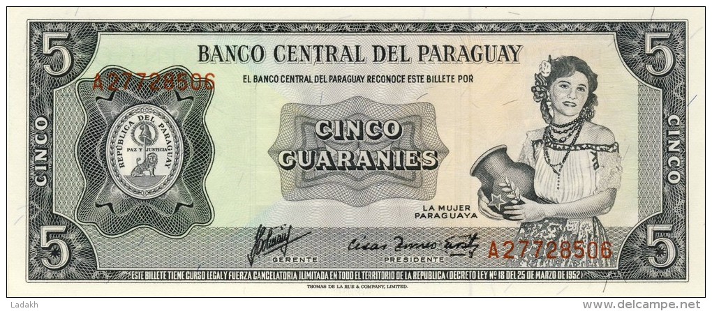 BILLET # PARAGUAY # 5 GUARANIES  # 1952 # NEUF # PICK 104b # - Paraguay