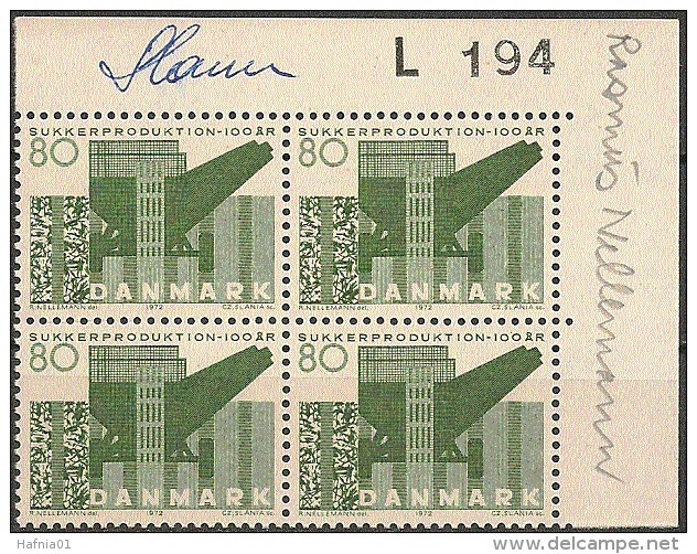 Czeslaw Slania. Denmark 1972. 100 Anniv Sugar Production. Plate-block.  Michel 519 MNH. Signed. - Unused Stamps