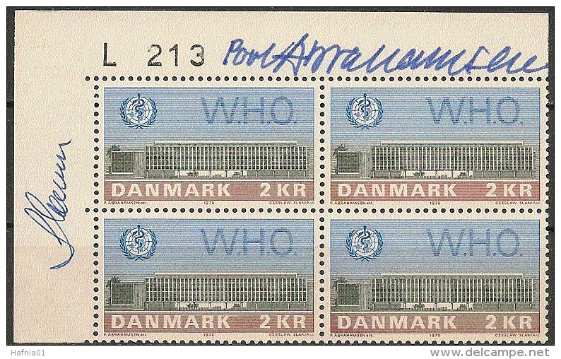 Czeslaw Slania. Denmark 1972. WHO Building In Copenhagen. Plate-block.  Michel 531 MNH. Signed. - Unused Stamps