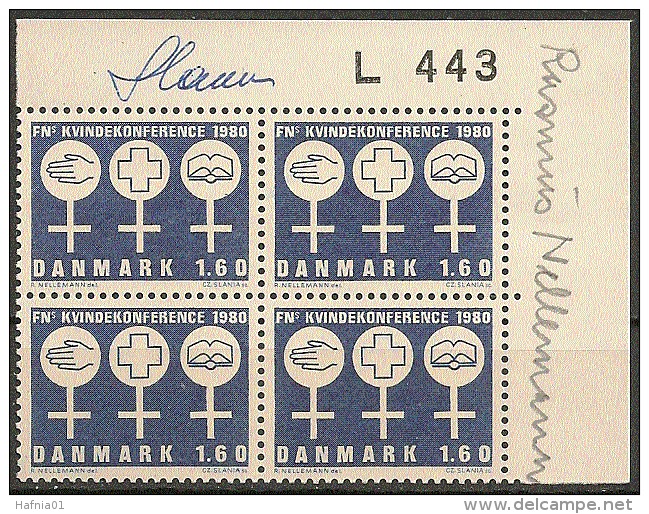 Czeslaw Slania. Denmark 1980.  UN Women Conference. Plate-block. Michel 701 MNH. Signed. - Unused Stamps