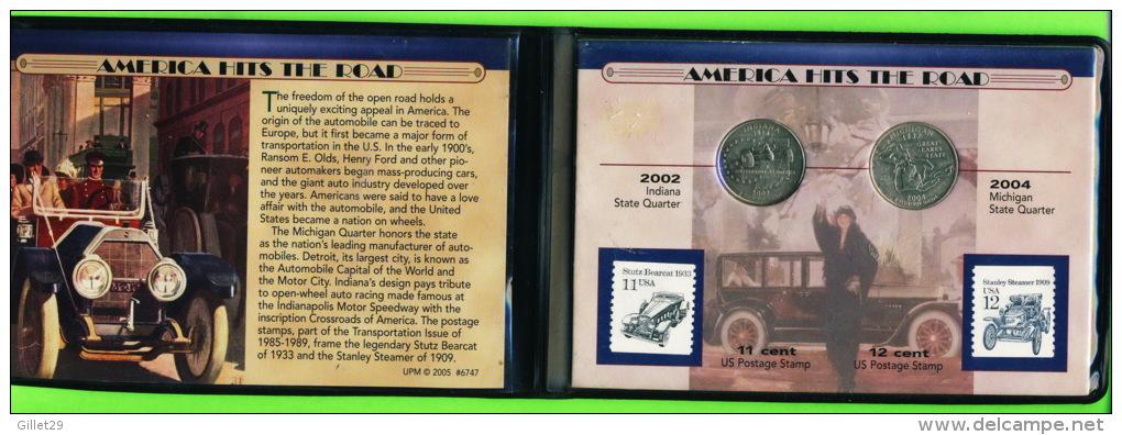 AMERICA HITS THE ROAD - 2002, INDIANA STATE & 2004 MICHIGAN STATE QUARTER - STUTZ BEARCAT 1933 STAMP - STANLEY  1909 - - Cartes Souvenir