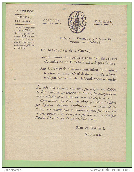 Décision Du DIRECTOIRE Sur Les Exemptions De SERVICE MILITAIRE. Lettre Du 1er Brumaire An 7. Voir Dos.Lire Descriptif - Documents Historiques