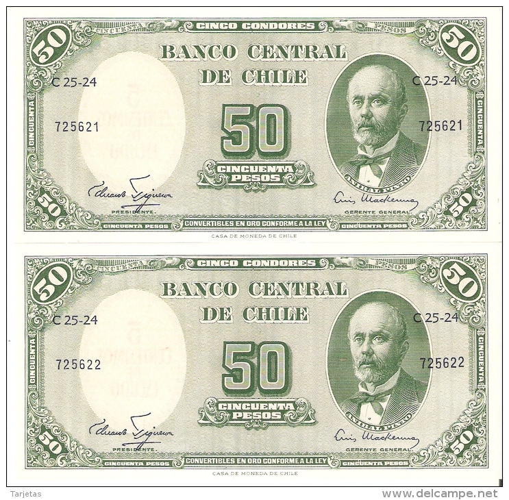 PAREJA CORRELATIVA DE CHILE DE 50 PESOS DEL AÑO 1960-61 (BANKNOTE) SIN CIRCULAR-UNCIRCULATED - Chile