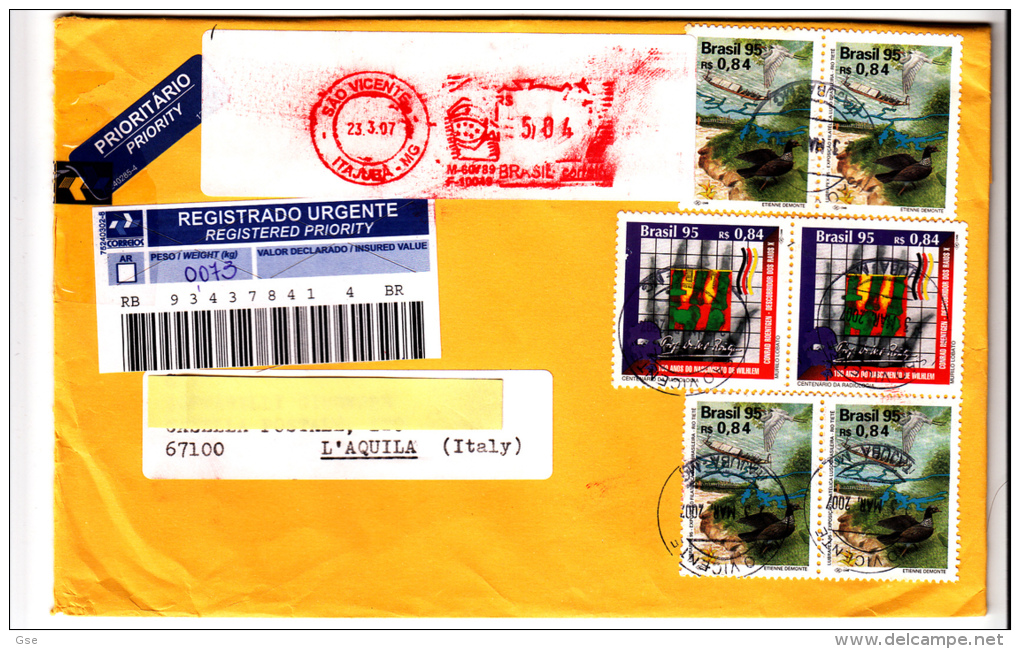 BRASILE  2007 - I Yvert2247-2248 Su Raccomandata Per L'Italia Con Affrancatura Mista -uccello - Covers & Documents