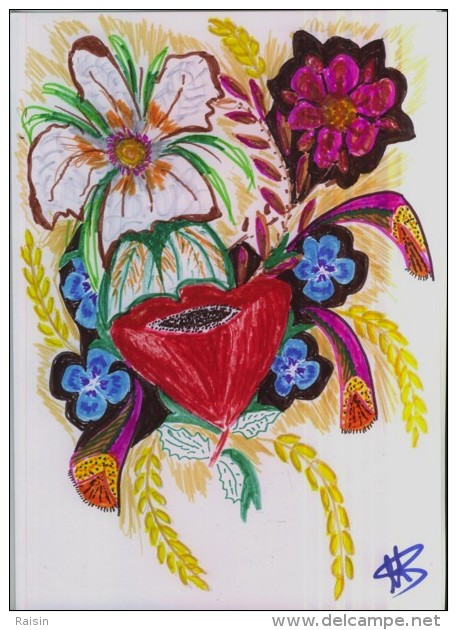 Oeuvre Originale Unique Pastels Et Feutres  "Fleurs Champêtres" Sur Papier Format  21 X 30 Cm  N°114 - Pasteles