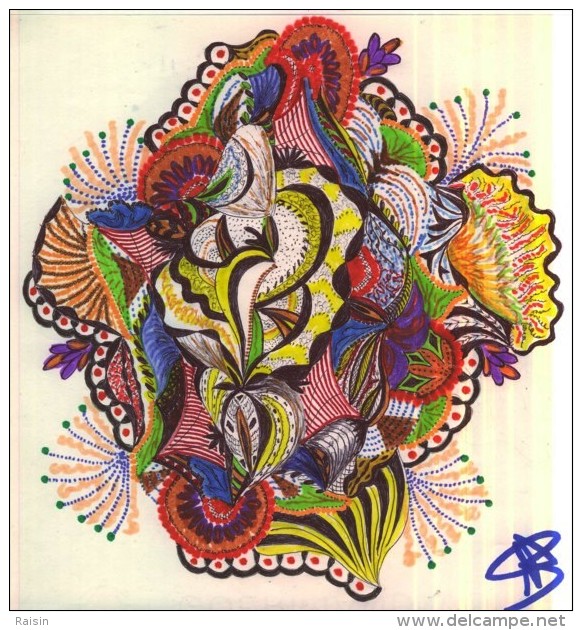 Oeuvre Originale Unique  Aux Crayons à Bille   " Feux D'artifices " Papier Souple  Format  21 X 21cm N°119 - Pastelli