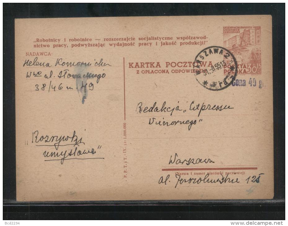 POLAND 1954 PROVISIONAL 40GR OPT TYPE 19 ON 30+15 GR CONSTRUCTION WITH REPLY PAID  PC DATE IX.52 PROPAGANDA SLOGAN 21C - Stamped Stationery