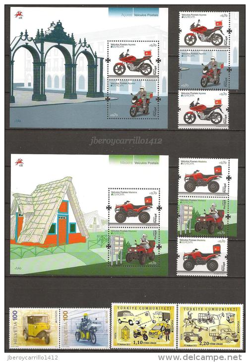 EUROPA 2013-“LOS VEHICULOS POSTALES"- COLECCIÓN  COMPLETÍSIMA: SELLOS+HOJITAS y HOJAS BLOQUE-TEMÁ EMITIDO POR 64 PAISES