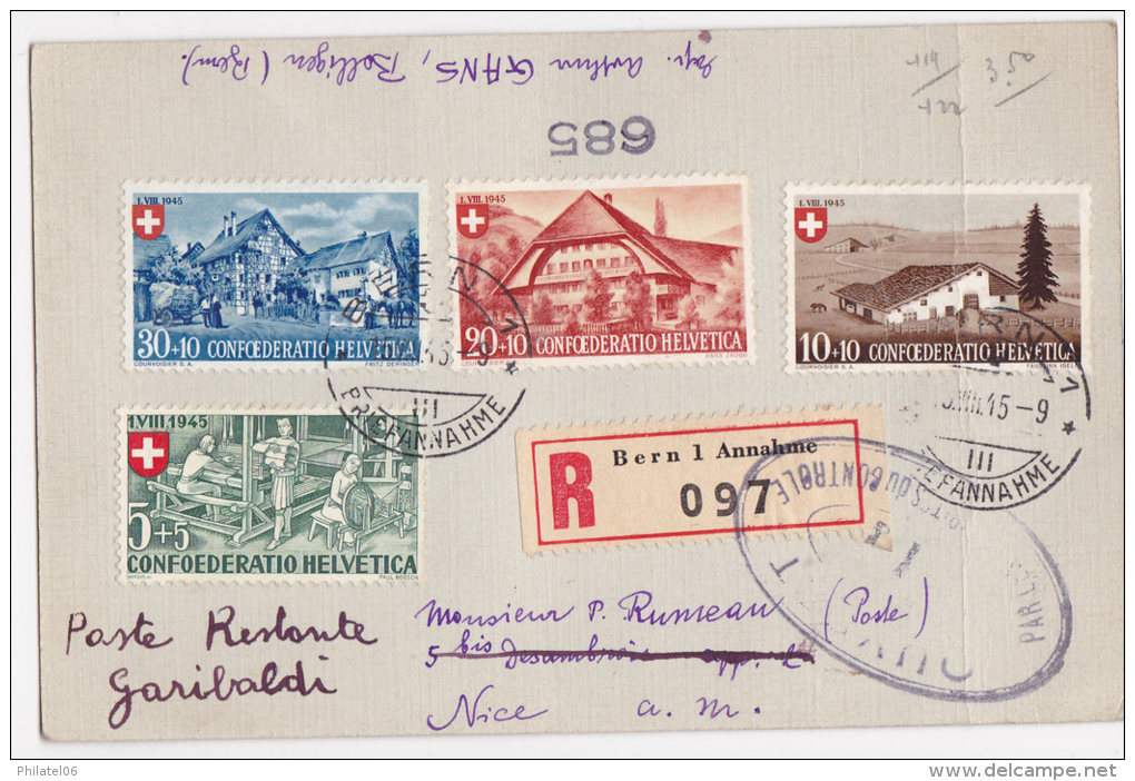 SUISSE  CARTE RECOMMANDEE CENSUREE  1945 - Lettres & Documents