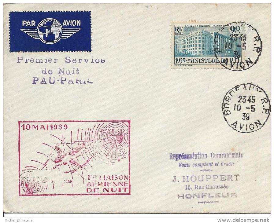 Premier Service Aérien De Nuit Pau - Paris - 1960-.... Lettres & Documents