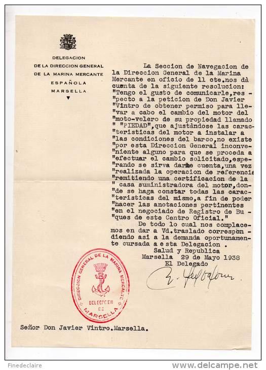 Délégacion De La Direccion Général De La Marina Mercante, Espanola, Marsella - 1938 - Espagne