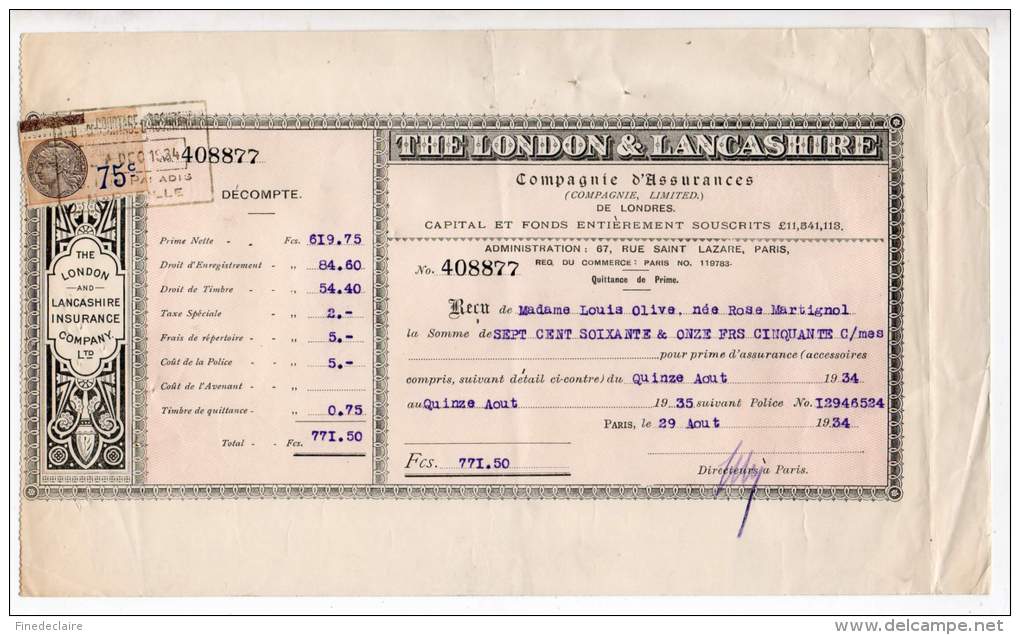 Compagnie D'Assurances (Compgnie Lilited) De London - The London And Lancashire Insurance - 1934 - Verenigd-Koninkrijk